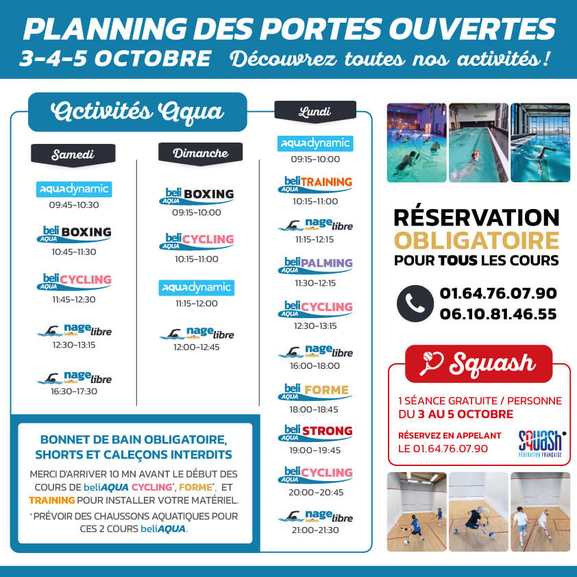 Planning Aqua portes ouvertes octobre 2026 CLUB belinann Chanteloup en Brie