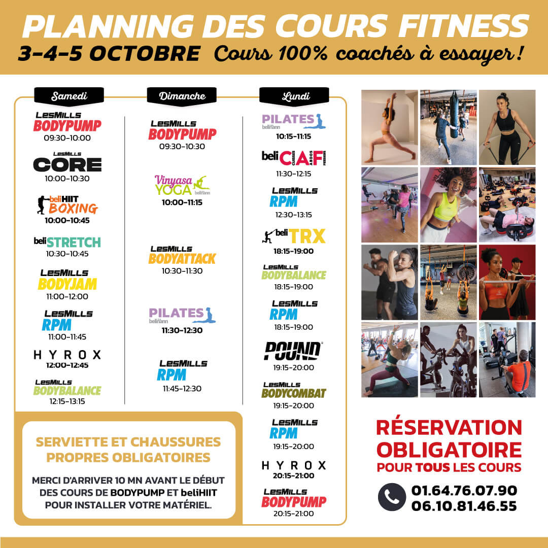Planning Fitness portes ouvertes octobre 2026 CLUB belinann Chanteloup en Brie